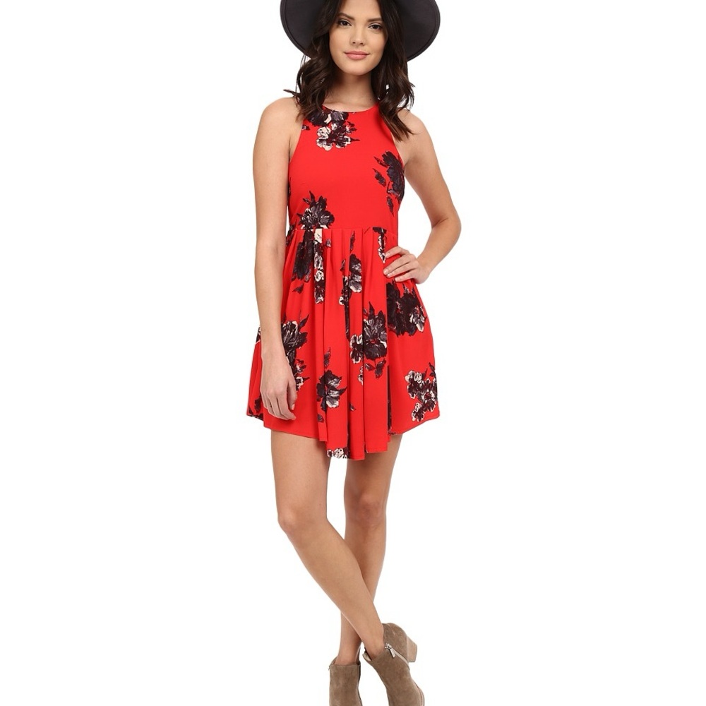 Free People Flutterby Red and Floral Sleeveless Dress with Pleat Detail Size 0